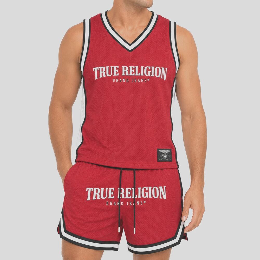 True Religion Jersey Shorts Set Mens Medium Red Arch Logo Mesh Basketball Brand